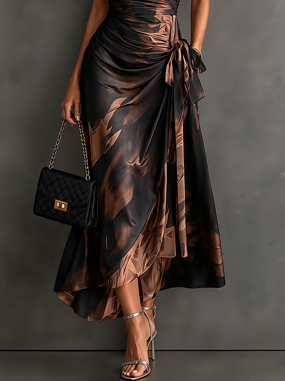 Vestido midi cruzado con estampado abstracto marrón y negro