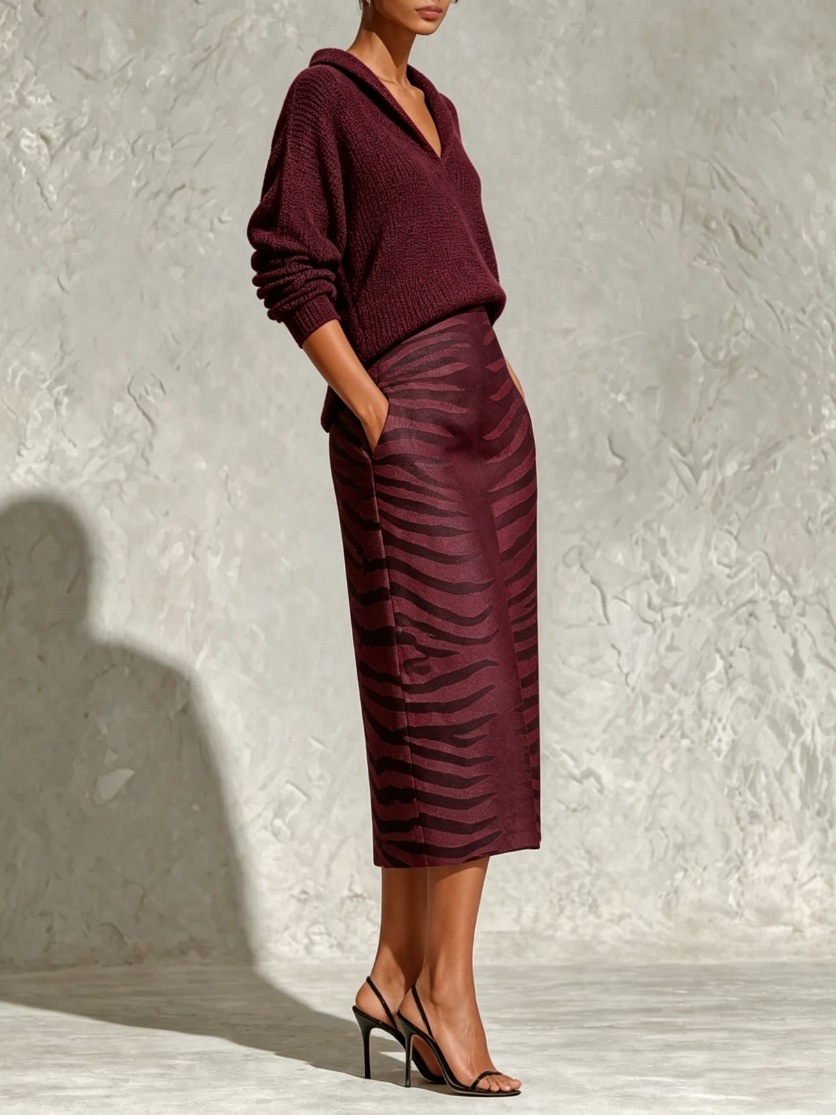 Conjunto de dos piezas: top de punto con cuello negro y falda midi de lino con estampado de cebra