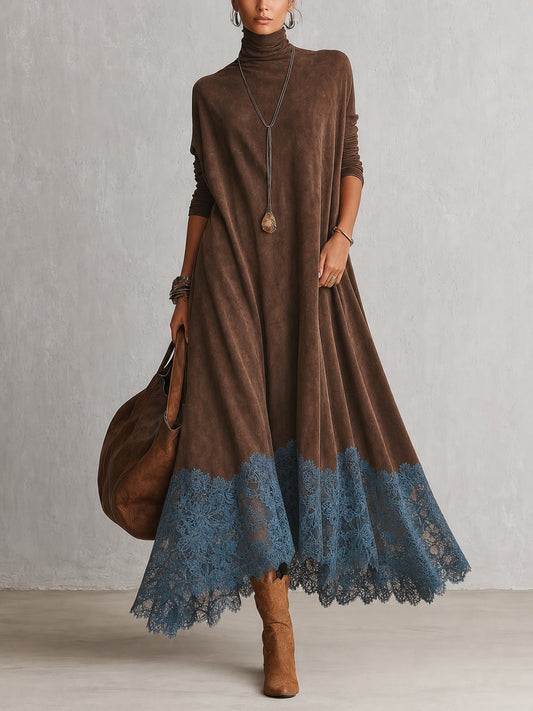 PIERA | Vestido largo efecto ante con borde de encaje
