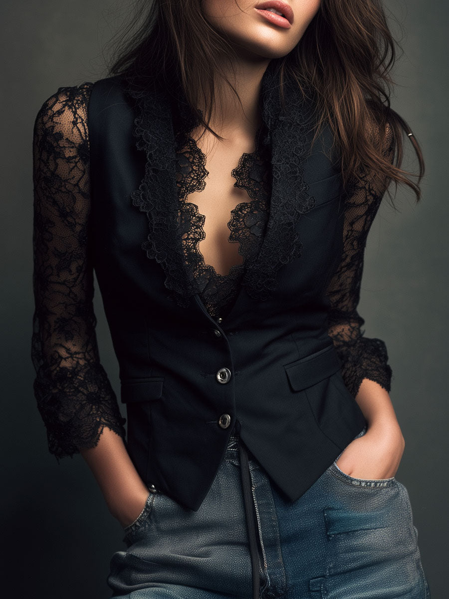 Vittoria | Blazer Nero con Maniche Semi-Trasparenti