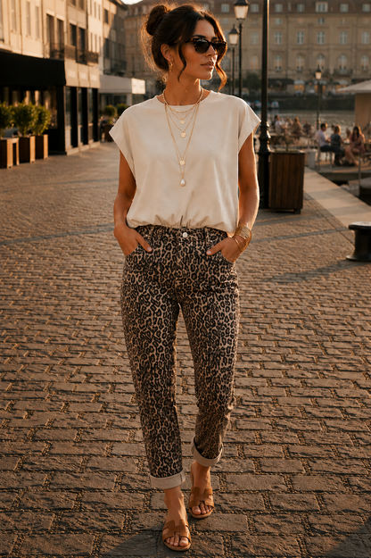 Jeans mom fit con estampado de leopardo - beige/negro