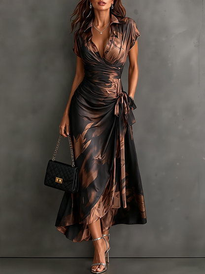Vestido midi cruzado con estampado abstracto marrón y negro