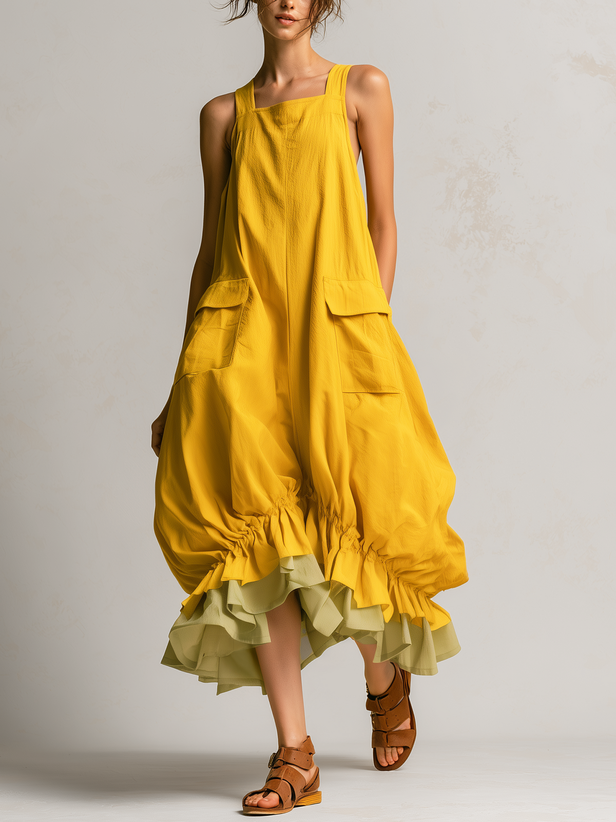 Vestido midi negro abullonado, sin mangas, con bolsillos grandes y dobladillo de volantes en capas
