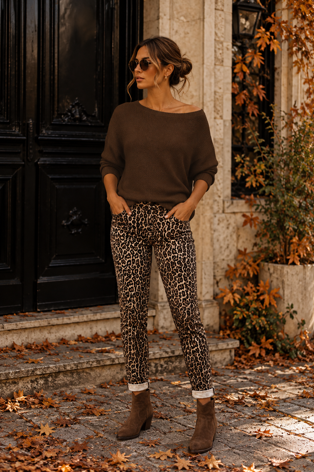 Jeans mom fit con estampado de leopardo - beige/negro