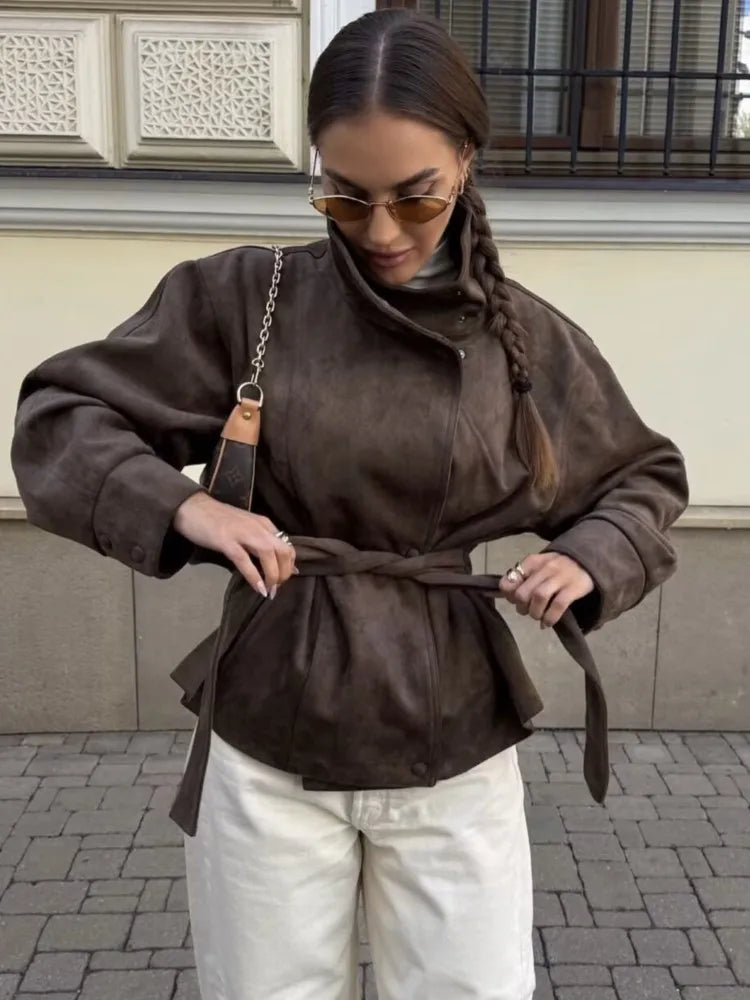 Chaqueta de efecto ante con cinturón