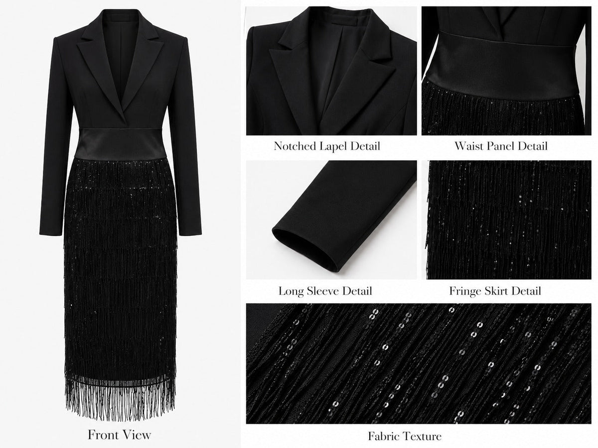 Vestido midi negro con corpiño tipo blazer, lentejuelas y flecos