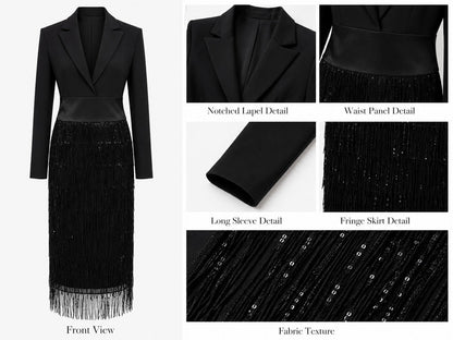 Vestido midi negro con corpiño tipo blazer, lentejuelas y flecos