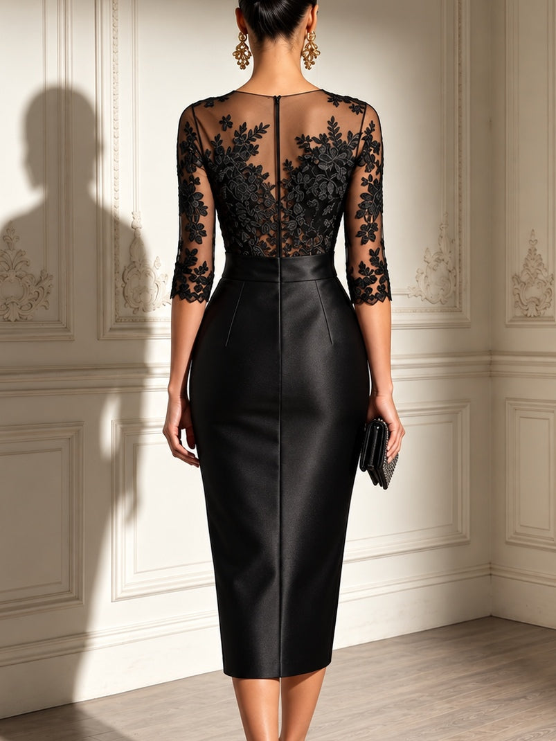 Vestido midi de satén negro con mangas de tul de encaje y lazo
