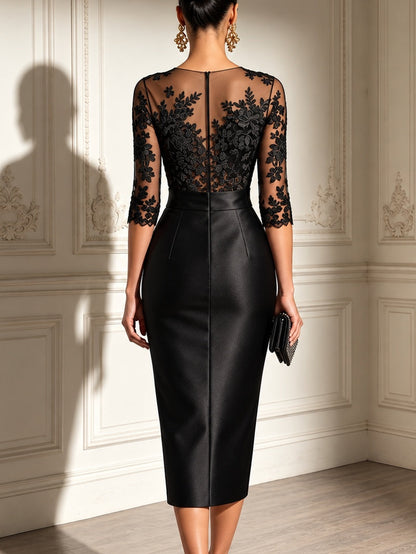 Vestido midi de satén negro con mangas de tul de encaje y lazo