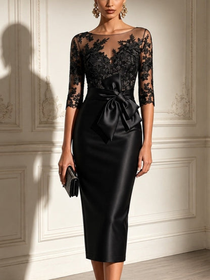Vestido midi de satén negro con mangas de tul de encaje y lazo