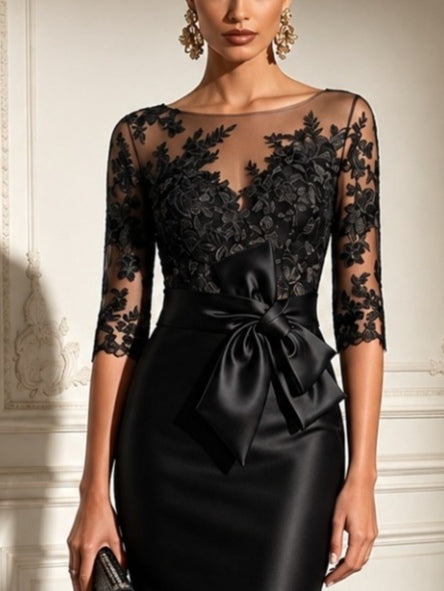 Vestido midi de satén negro con mangas de tul de encaje y lazo