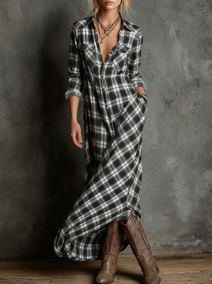 Vestido largo camisero de cuadros verdes, con solapa y botonadura sencilla