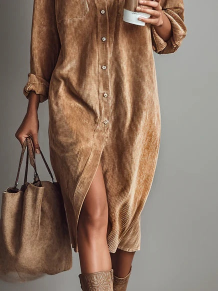 Vestido midi holgado de pana con dos bolsillos en el pecho y botonadura sencilla