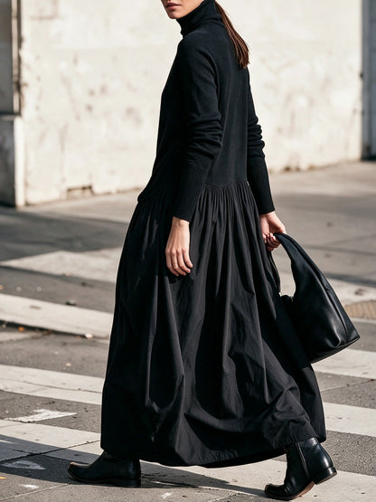 Vestido maxi negro extragrande con cuello alto y detalle de bolsillos