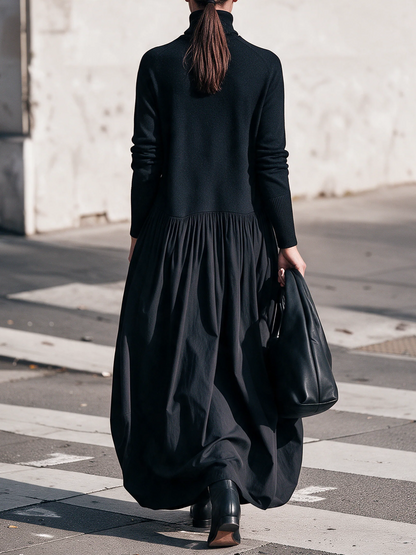 Vestido maxi negro extragrande con cuello alto y detalle de bolsillos