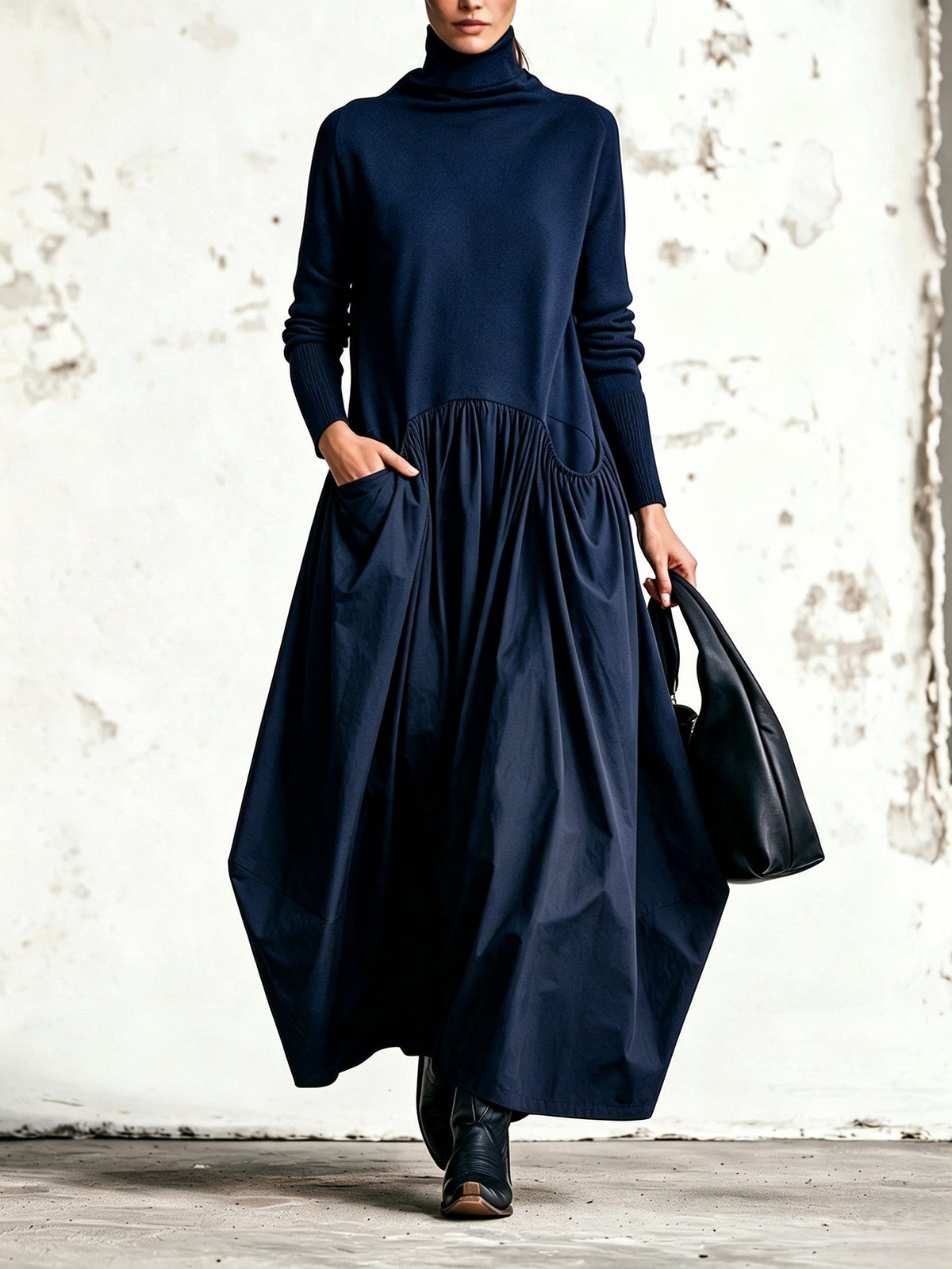 Vestido maxi negro extragrande con cuello alto y detalle de bolsillos