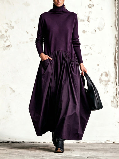 Vestido maxi negro extragrande con cuello alto y detalle de bolsillos