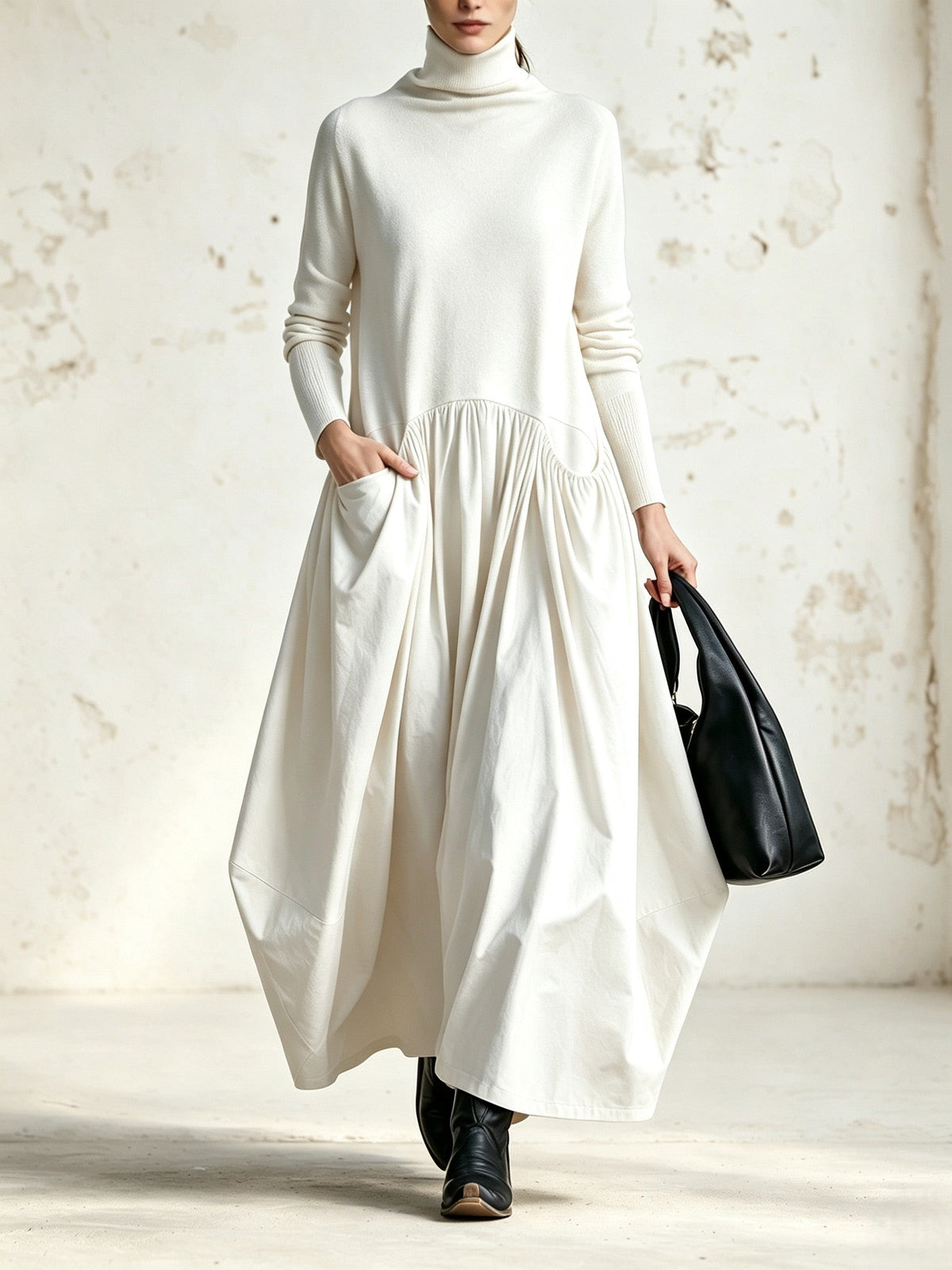 Vestido maxi negro extragrande con cuello alto y detalle de bolsillos