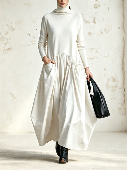 Vestido maxi negro extragrande con cuello alto y detalle de bolsillos