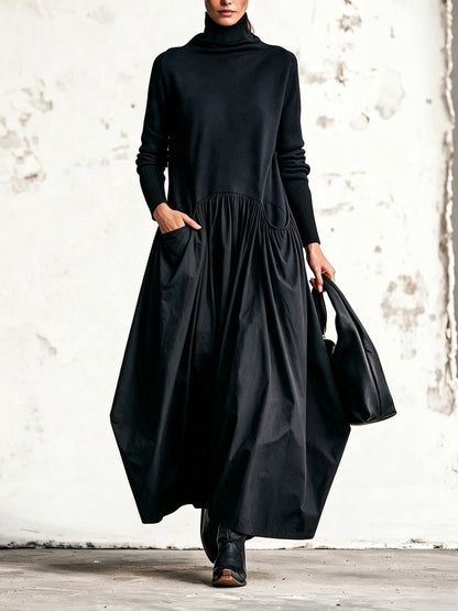 Vestido maxi negro extragrande con cuello alto y detalle de bolsillos