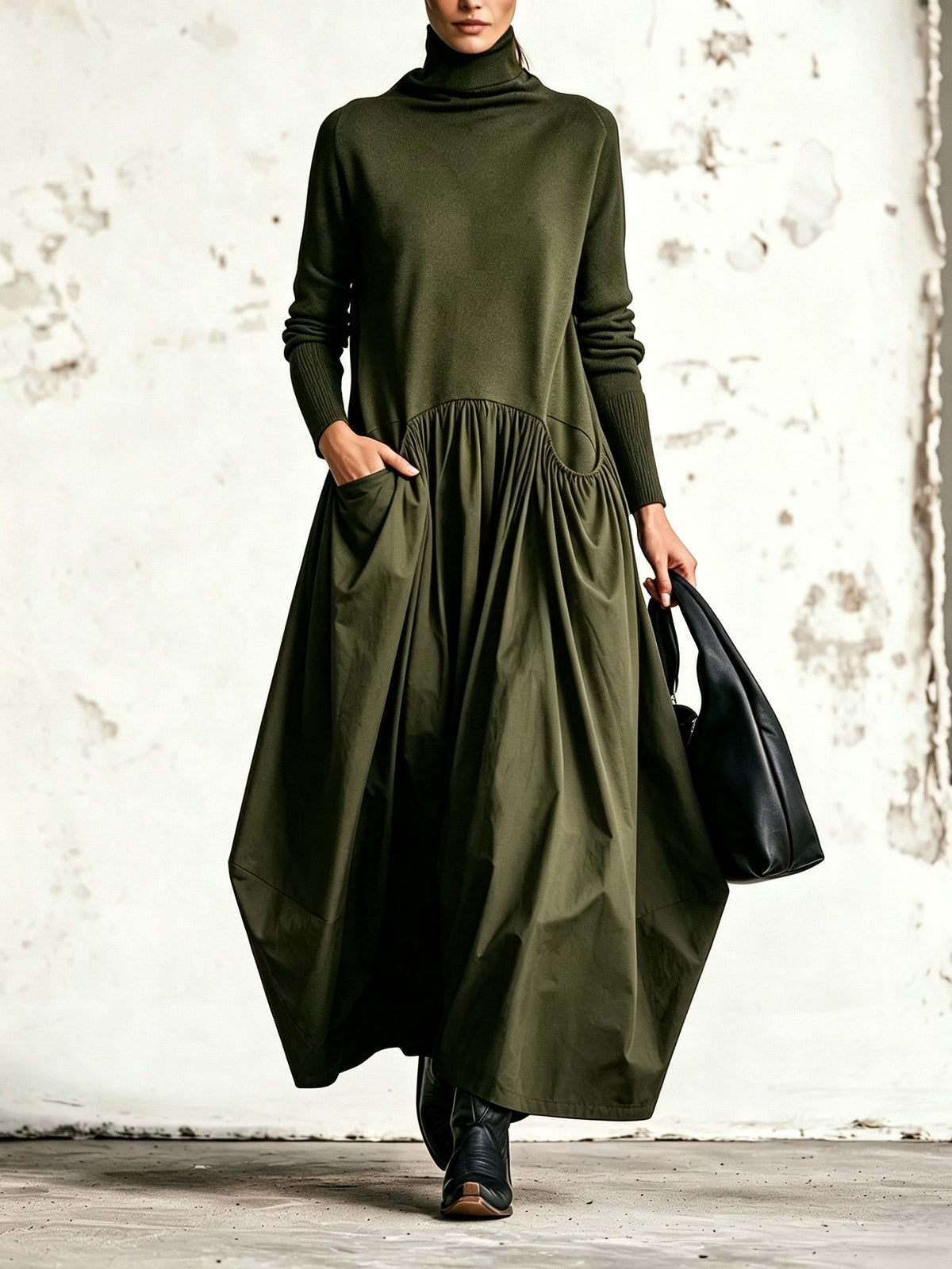 Vestido maxi negro extragrande con cuello alto y detalle de bolsillos