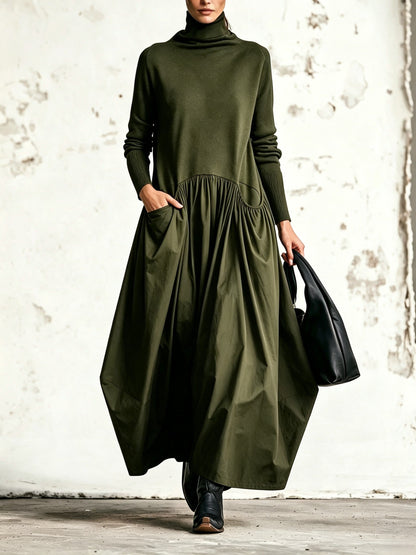 Vestido maxi negro extragrande con cuello alto y detalle de bolsillos