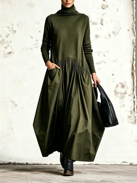 Vestido maxi negro extragrande con cuello alto y detalle de bolsillos